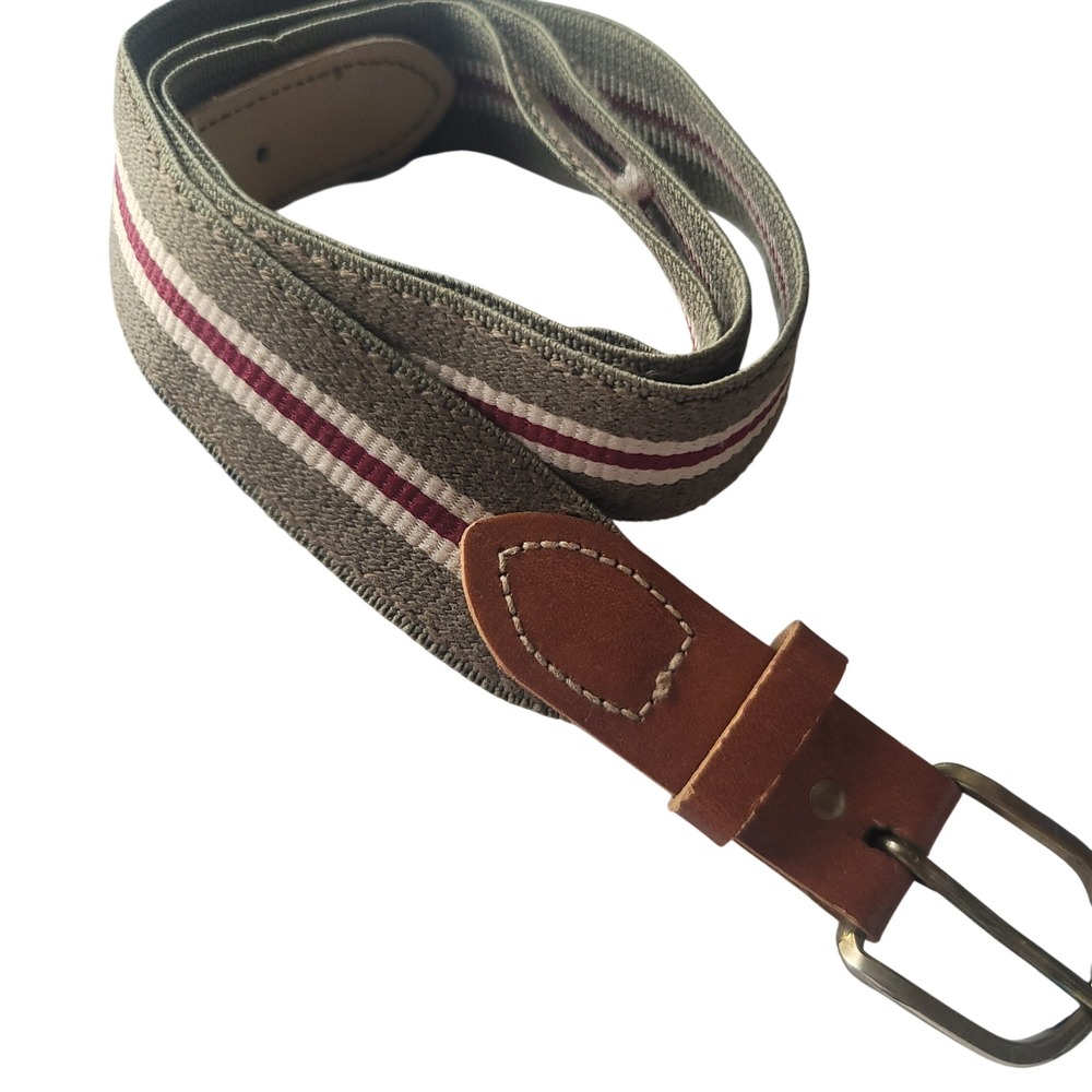 Mens VTG Striped Fabric Belt Leather Trim Classic Buckle Casual Tan‎ Green 40
